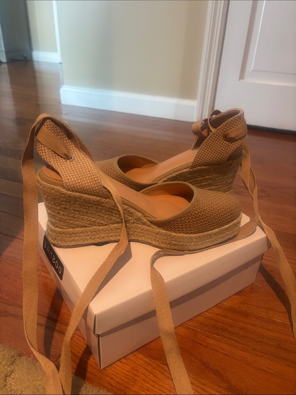 BAMBOO Tan Woven Ankle-Tie Wedge Espadrilles